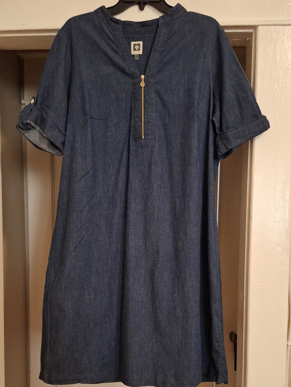Anne Klein Dark Blue Chambray Zip-Front Mini Dress